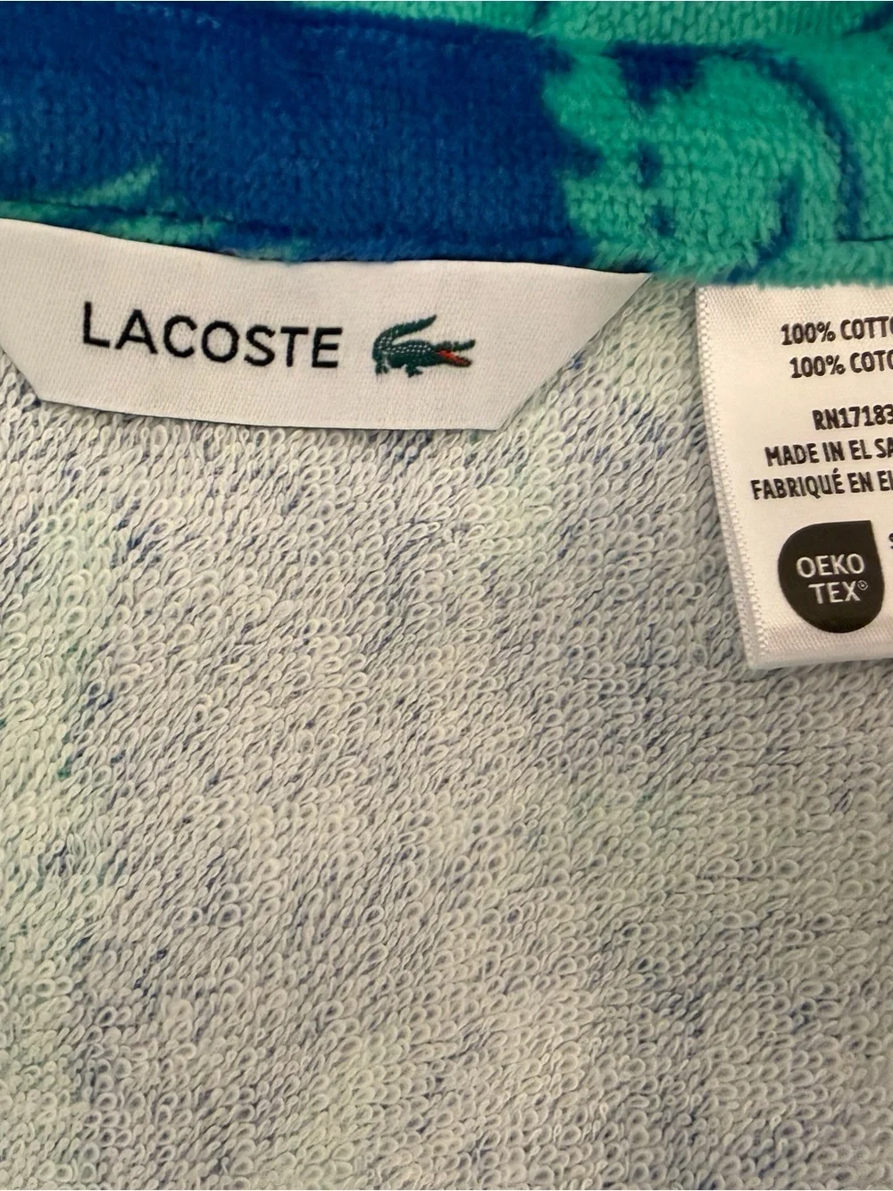 Lacoste Blue & Teal Croc Trim Terry Towel 36x72”